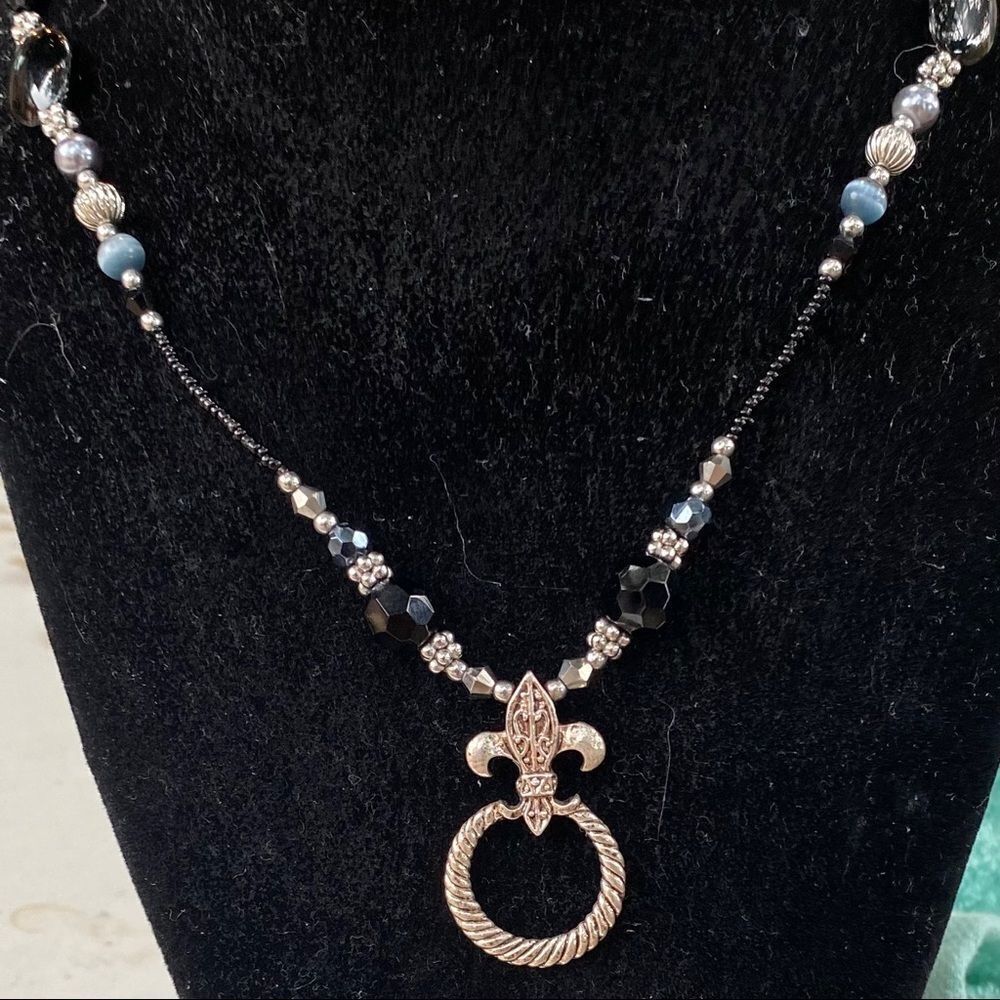 Multi-Bead Long Statement Necklace Black & Silver​​​​